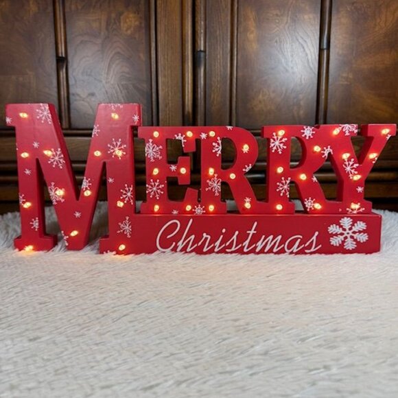 Gerson International MERRY CHRISTMAS Wood LED Light Tabletop Holiday Decor Sign - Picture 1 of 14